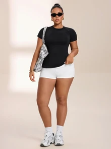 SHEIN Rhythm Era Kaos Olahraga Wanita Ukuran Besar Lengan Pendek Model Slim Fit - Hitam - View 7