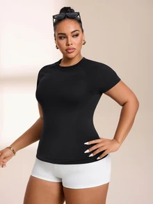 SHEIN Rhythm Era Kaos Olahraga Wanita Ukuran Besar Lengan Pendek Model Slim Fit - Hitam - View 8