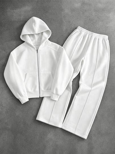 Manfinity CasualCool Men's Sweatshirt Hoodie Sweatshirt With Straight Leg Elastic Waist Pants, Men's White Hoodie Sweatshirt Set, Patchwork Design Sweatshirt, Pants With Pleated Design, All-Match Minimalist Style, Men's Autumn/Winter Sweatshirt Set, Casual Comfortable Versatile Fabric, Suitable For Outings, Commuting, Street Photography, Home, Travel, Vacation, Daily Wear