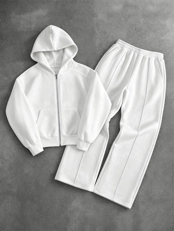 Manfinity CasualCool Herren Sweatshirt Hoodie mit geradem Bein und elastischem Bund Hose, Herren weißes Hoodie Sweatshirt Set, Patchwork Design Sweatshirt, Hose mit Falten Design, All-Match minimalistischer Stil, Herren Herbst/Winter Sweatshirt Set, lässiger, bequemer, vielseitiger Stoff, geeignet für Ausflüge, Pendeln, Straßenfotografie, Zuhause, Reisen, Urlaub, Alltag Outfit