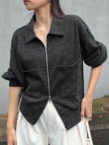 FRIFUL Women's Casual Front Zipper T-Shirt, Autumn/Winter - Grey - View 6
