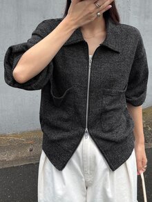 FRIFUL Women's Casual Front Zipper T-Shirt, Autumn/Winter - Grey - View 5