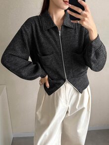 FRIFUL Women's Casual Front Zipper T-Shirt, Autumn/Winter - Grey - View 7