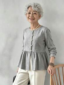 FRIFUL Kaos Kasual Wanita Kancing Depan, Musim Gugur - Grey - View 8