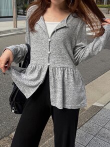 FRIFUL Kaos Kasual Wanita Kancing Depan, Musim Gugur - Grey - View 6