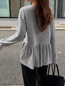 FRIFUL Kaos Kasual Wanita Kancing Depan, Musim Gugur - Grey - View 9