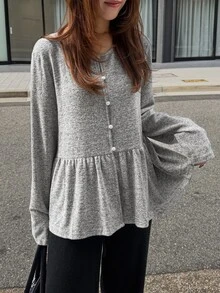 FRIFUL Kaos Kasual Wanita Kancing Depan, Musim Gugur - Grey - View 3