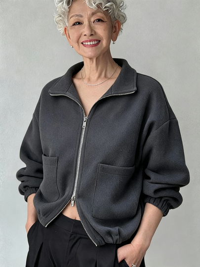 FRIFUL Women's Solid Color Zipper Casual Versatile Daily Wear Sweatshirt