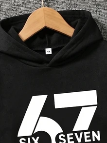 小男孩休閒時尚「67」數字字母印花保暖內裡長袖運動衫，適合秋季外出、上學、返校與生日穿著，白色 - 黑色 - 查看 4