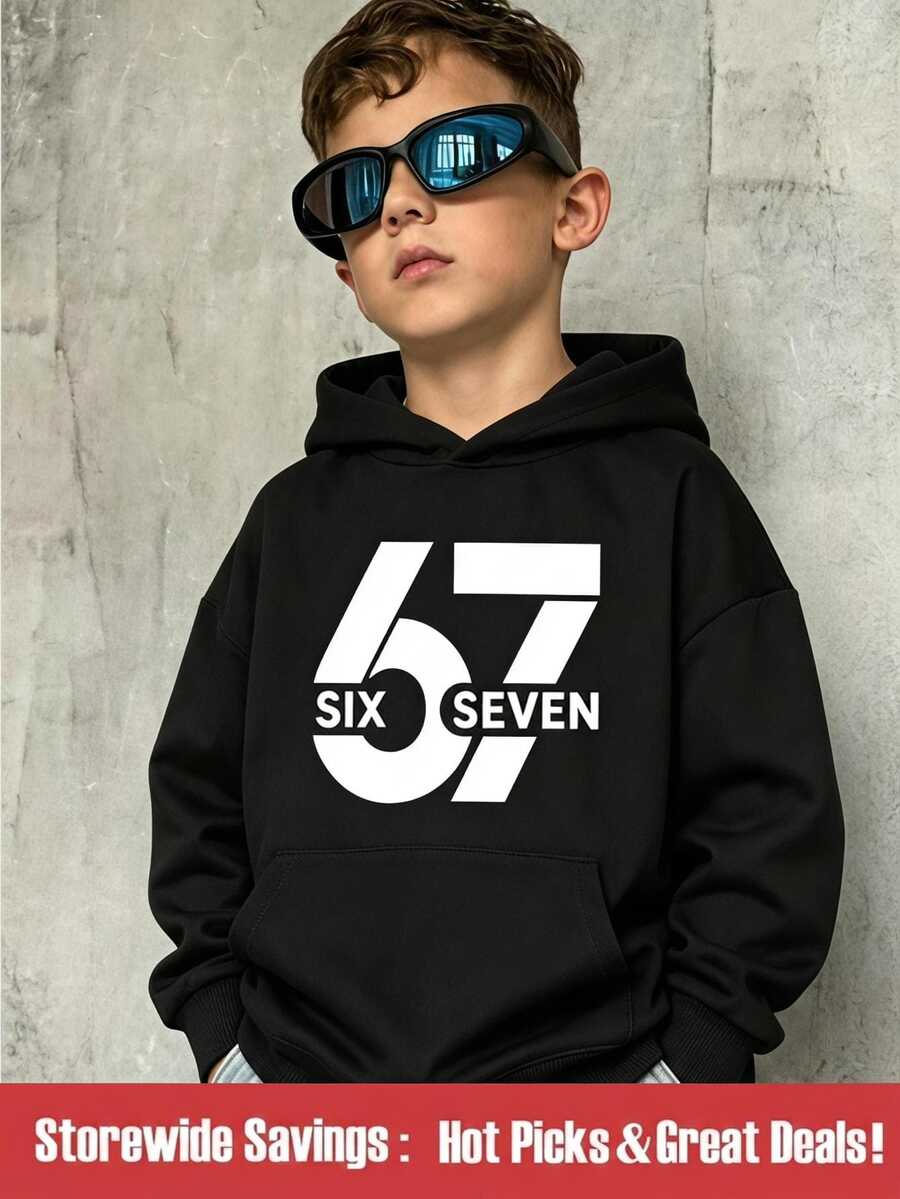小男孩休閒時尚「67」數字字母印花保暖內裡長袖運動衫,適合秋季外出、上學、返校與生日穿著,白色 - 黑色 - 查看 1