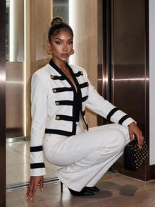 SHEIN SXY Fall Work Outfits For Women Chic Napoleon Jackets - Black and White - View 1