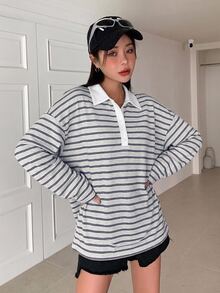 DAZY 女款條紋 Polo 領落肩長袖休閒寬鬆 T 恤 秋季大尺寸女款 T 恤 - 藏蓝色 - 查看 4