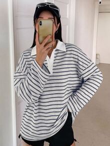 DAZY 女款條紋 Polo 領落肩長袖休閒寬鬆 T 恤 秋季大尺寸女款 T 恤 - 藏蓝色 - 查看 2