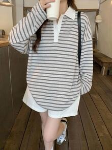 DAZY 女款條紋 Polo 領落肩長袖休閒寬鬆 T 恤 秋季大尺寸女款 T 恤 - 藏蓝色 - 查看 7