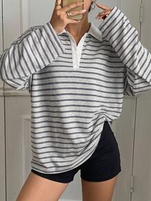DAZY 女款條紋 Polo 領落肩長袖休閒寬鬆 T 恤 秋季大尺寸女款 T 恤 - 藏蓝色 - 查看 1