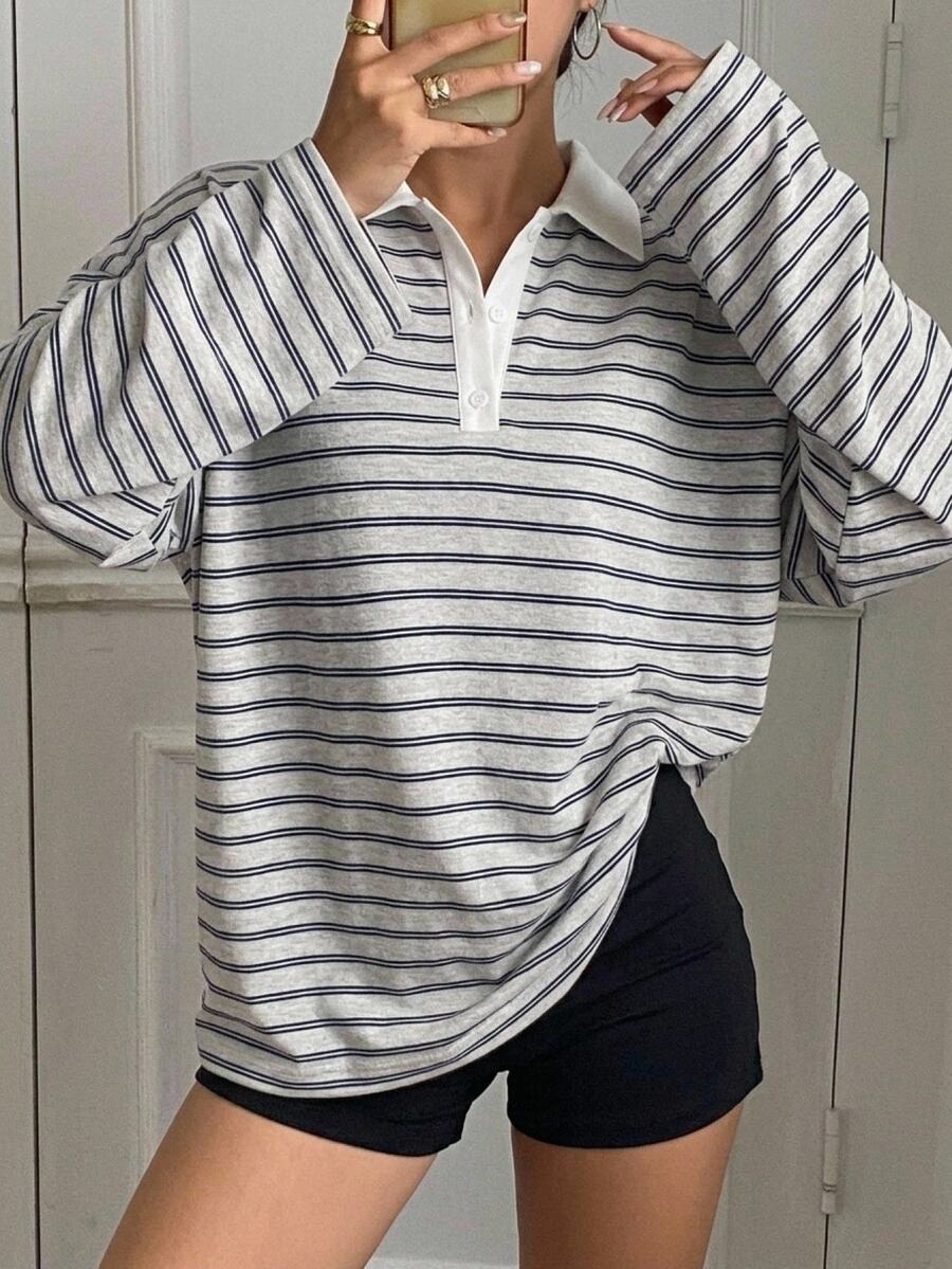DAZY 女款條紋 Polo 領落肩長袖休閒寬鬆 T 恤 秋季大尺寸女款 T 恤 - 藏蓝色 - 查看 1