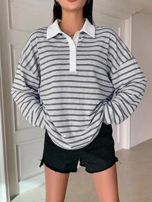 DAZY 女款條紋 Polo 領落肩長袖休閒寬鬆 T 恤 秋季大尺寸女款 T 恤 - 藏蓝色 - 查看 6