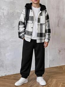 SHEIN 青少年男孩毛絨格紋連帽襯衫外套與長褲套裝，鈕扣前襟休閒兩件式穿搭 - 黑與白 - 查看 2