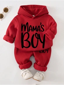 男嬰紅色秋季抓絨長褲套裝，MAMA'S BOY 字母印花連帽衛衣，親子套裝，適合秋冬外出、假期度假 2010 - 紅色 - 查看 4