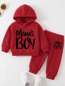 男嬰紅色秋季抓絨長褲套裝，MAMA'S BOY 字母印花連帽衛衣，親子套裝，適合秋冬外出、假期度假 2010 - 紅色 - 查看 3