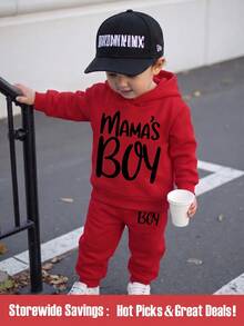 男嬰紅色秋季抓絨長褲套裝，MAMA'S BOY 字母印花連帽衛衣，親子套裝，適合秋冬外出、假期度假 2010 - 紅色 - 查看 1