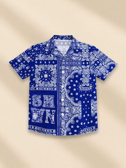 SUMWON Boys Paisley Print Button Down Short Sleeve Shirt With Classic Collar And Regular Fit Summer Style