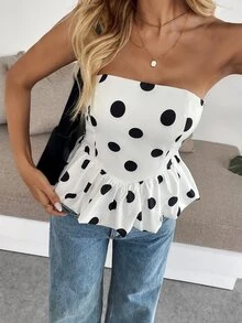 Pariaura Top bandeau de mujer con volantes y lunares - Blanco y Negro - Ver 4