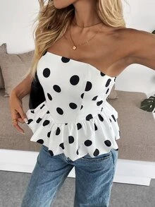 Pariaura Top bandeau de mujer con volantes y lunares - Blanco y Negro - Ver 6