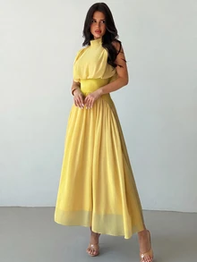 Firerie Women's Elegant High Neck Cinched Waist A-Line Yellow Summer Dress,Elegant Tea Party,Commuter Boho Beach Outfit, Vacation Prom Graduation Dress - Yellow - View 5