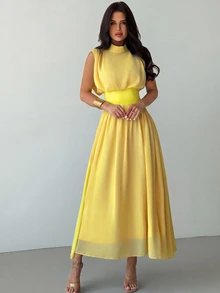 Firerie Women's Elegant High Neck Cinched Waist A-Line Yellow Summer Dress,Elegant Tea Party,Commuter Boho Beach Outfit, Vacation Prom Graduation Dress - Yellow - View 3