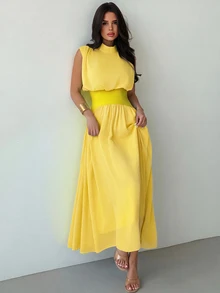 Firerie Women's Elegant High Neck Cinched Waist A-Line Yellow Summer Dress,Elegant Tea Party,Commuter Boho Beach Outfit, Vacation Prom Graduation Dress - Yellow - View 7