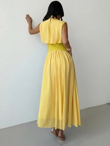 Firerie Women's Elegant High Neck Cinched Waist A-Line Yellow Summer Dress,Elegant Tea Party,Commuter Boho Beach Outfit, Vacation Prom Graduation Dress - Yellow - View 2