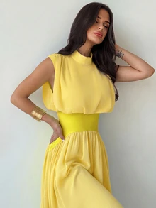 Firerie Women's Elegant High Neck Cinched Waist A-Line Yellow Summer Dress,Elegant Tea Party,Commuter Boho Beach Outfit, Vacation Prom Graduation Dress - Yellow - View 6