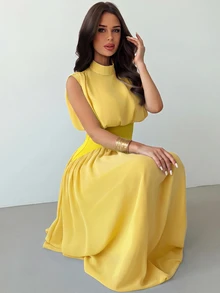 Firerie Women's Elegant High Neck Cinched Waist A-Line Yellow Summer Dress,Elegant Tea Party,Commuter Boho Beach Outfit, Vacation Prom Graduation Dress - Yellow - View 4