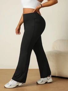 Rhythm Era Women's Plus Size Solid Color High Waist Flare Leg Sports Pants With Pockets - Black - View 5