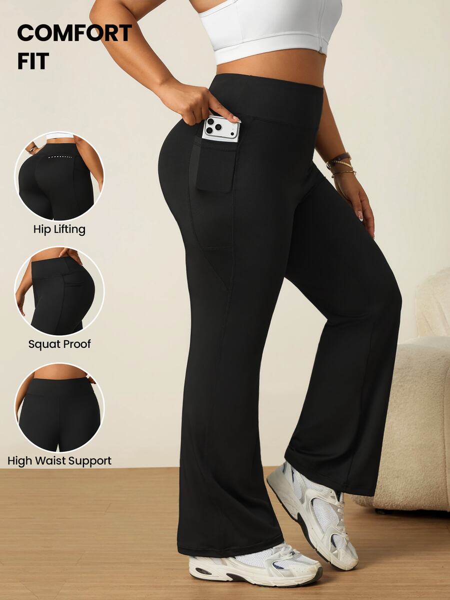 Rhythm Era Women's Plus Size Solid Color High Waist Flare Leg Sports Pants With Pockets - Black - View 1