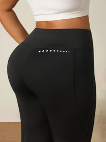 Rhythm Era Women's Plus Size Solid Color High Waist Flare Leg Sports Pants With Pockets - Black - View 2