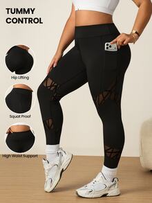 SHEIN Rhythm Era Plus Size Sports Fashion Long Pants Asymmetrical Flocked Mesh Patchwork Butt-Lifting Leggings - Black - View 1