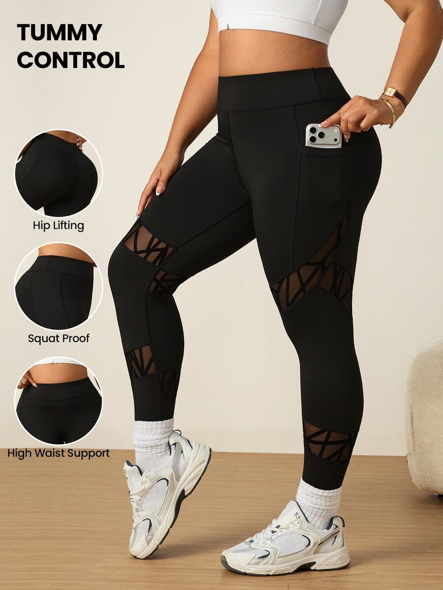 SHEIN Rhythm Era Plus Size Sports Fashion Long Pants Asymmetrical Flocked Mesh Patchwork Butt-Lifting Leggings - Black - View 1