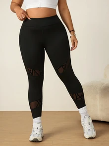 SHEIN Rhythm Era Plus Size Sports Fashion Long Pants Asymmetrical Flocked Mesh Patchwork Butt-Lifting Leggings - Black - View 3