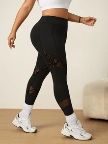 SHEIN Rhythm Era Plus Size Sports Fashion Long Pants Asymmetrical Flocked Mesh Patchwork Butt-Lifting Leggings - Black - View 4