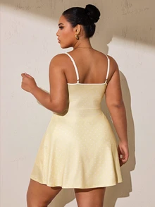 SHEIN Rhythm Era Women's Plus Size Polka Dot Print Spaghetti Strap Sports Dress - Butter Yellow - View 2