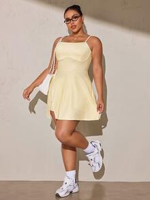 SHEIN Rhythm Era Women's Plus Size Polka Dot Print Spaghetti Strap Sports Dress - Butter Yellow - View 7