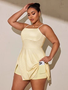 SHEIN Rhythm Era Women's Plus Size Polka Dot Print Spaghetti Strap Sports Dress - Butter Yellow - View 6