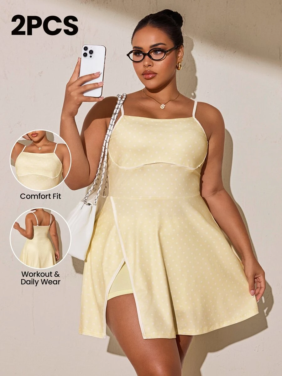 SHEIN Rhythm Era Women's Plus Size Polka Dot Print Spaghetti Strap Sports Dress - Butter Yellow - View 1