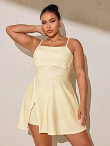 SHEIN Rhythm Era Women's Plus Size Polka Dot Print Spaghetti Strap Sports Dress - Butter Yellow - View 3