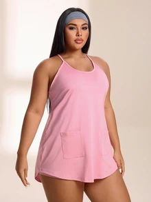 SHEIN Rhythm Era Đầm dây mảnh màu trơn size lớn cho nữ và bộ đồ thể thao thường ngày tay ngắn phong cách casual - Hồng - Xem 4