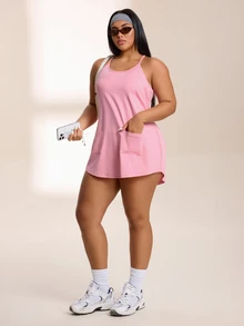 SHEIN Rhythm Era Đầm dây mảnh màu trơn size lớn cho nữ và bộ đồ thể thao thường ngày tay ngắn phong cách casual - Hồng - Xem 6