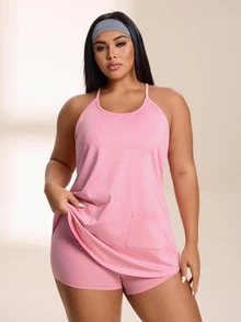SHEIN Rhythm Era Đầm dây mảnh màu trơn size lớn cho nữ và bộ đồ thể thao thường ngày tay ngắn phong cách casual - Hồng - Xem 3