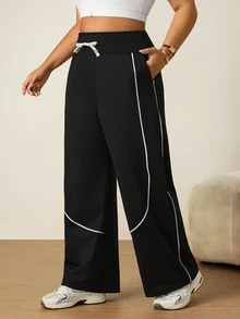 SHEIN Rhythm Era Women's Plus Size Waist Tie Pocket Wide Leg Loose Sports Pants - Black - View 5